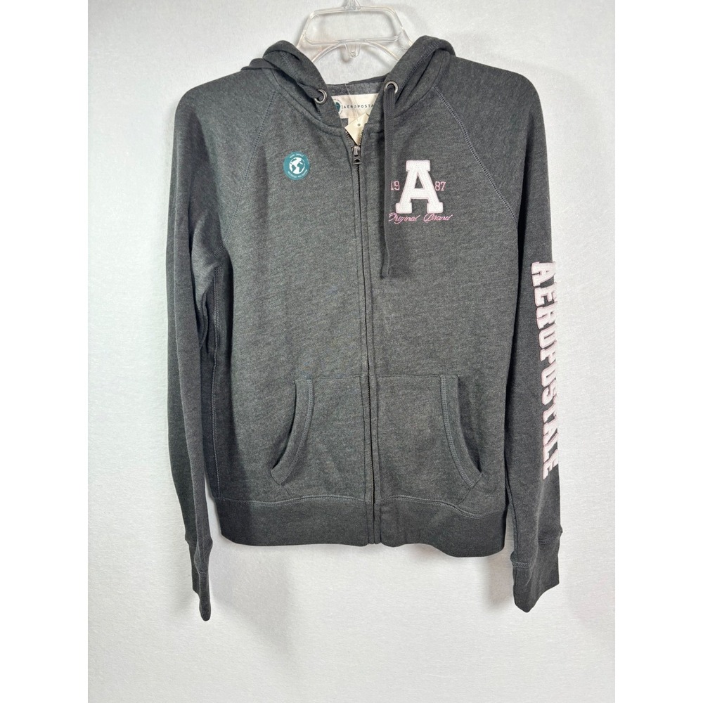 Aeropostale Womens Full Zip Hoodie Gray Pink Logo Fleece Sweatshirt Size M NWT